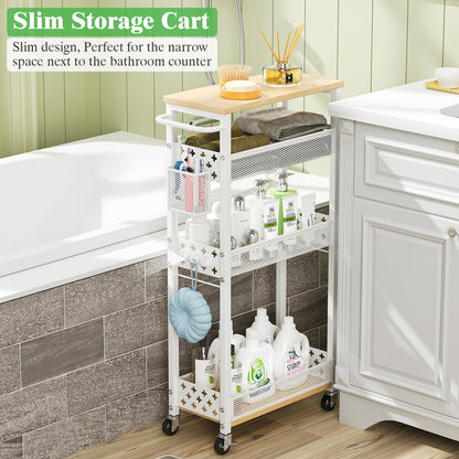 MJIMKE Slim Storage Cart with Wheels - 4 Tier Utility Narrow Rolling Cart with Wood Top, Metal Trolley for Bathroom Laundry Kitchen Organization with Handle, 7.1 inch Wide for Small Space, White