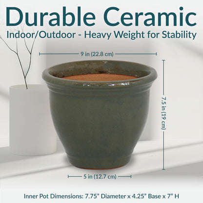 Sunnydaze Round Ceramic Planter - Set of 2 Indoor or Outdoor Plant Pots with Drainage Hole - Studio - 9" - Gray Glaze