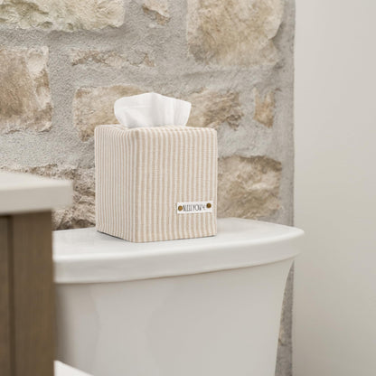 Stylish Tissue Box Cover - This Beige Striped Linen Holder Instantly Covers Your Square Tissue Boxes - The Perfect Cube Cover for Your Bathroom and Home
