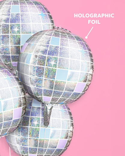 xo, Fetti Iridescent Disco Ball Metallic Silver Foil Balloons - 4 pk, 22" | Last Disco Bachelorette Decorations, Groovy Birthday Party Supplies, 70s Baby Shower, NYE, Space Cowboy