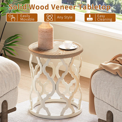 karlott Farmhouse End Table, 18.5'' French Country Round Side Table, Distressed Tray Top Side Table with Curved Motif Frame Base for Boho, End Tables Living Room, Bedroom, Small Space, Cream Beige