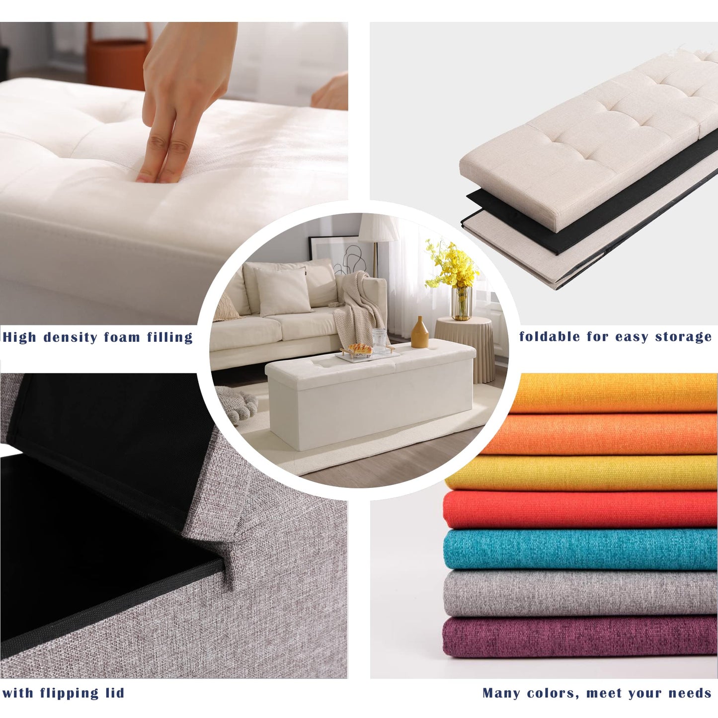 CUYOCA Storage Ottoman Bench Foldable Seat Footrest End of Bed Ottoman with Flipping Lid for Living Room, 75L, 30 inches Linen Fabric Beige