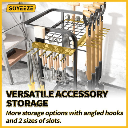 SOYEEZE Garden Tool Organizer with Large Wheels, Heavy Duty 3-Tier Yard Tower Tool Rack for Garage, Holds Up to 35 Long-Handled Tools, Garden Tool Cart with 12 Hooks for Tool Organization Storage