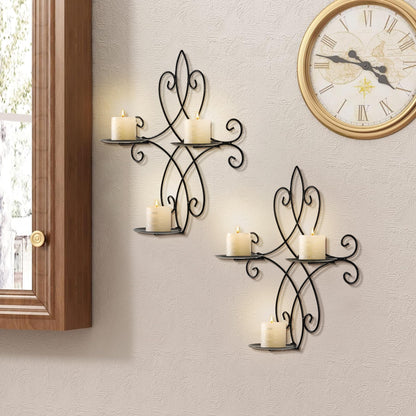 AHUONEL Wall Candle Sconce Holder Set of 2, Metal Wall Sconces Decor Hanging Wall Mounted Candle Stick Holder, Black Candlestick Holders Wall Decor for Bedroom Living Room Dining Room, 14.4"×11.8"