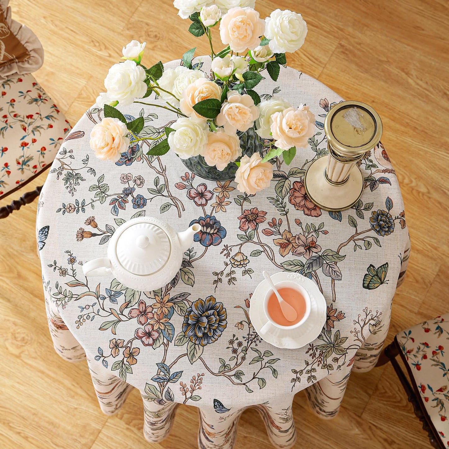 ISAENNE Designer French Light Beige Small Round Tablecloth,Linen Florals and Birds Pattern Table Cloth,Anti-Wrinkle Decorative Tablecloths for Dining Thanksgiving Kitchen,Diameter 55"-Cornucopia