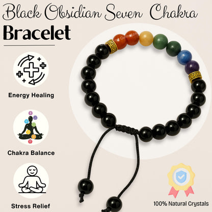 Amazing Gemstone Chakra Black Obsidian Bracelet, Gifts For Men & Women - Protection Healing Crystal Bracelet - 8mm Gemstone Beaded Adjustable Bracelet, Pulseras Para Hombres Mujer Stocking Stuffers