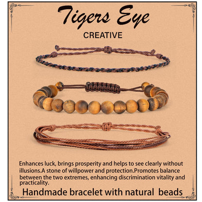 QOGIR Handmade Healing Bracelets,8mm Natural Matte Yellow Tiger Eye Gem Stone Beads Bracelet, for Men Women Gifts with 2PCS Size Adjustable Rope Bracelets