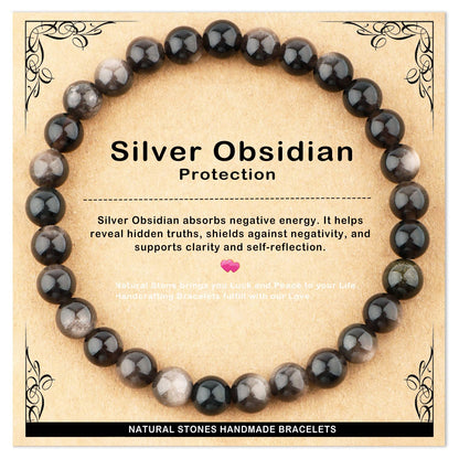AD Beads 6mm Handmade Silver Obsidian Elastic Bracelet – Natural Gemstone for Protection – Meditation, Yoga, Healing and Energy Gift for Men Women