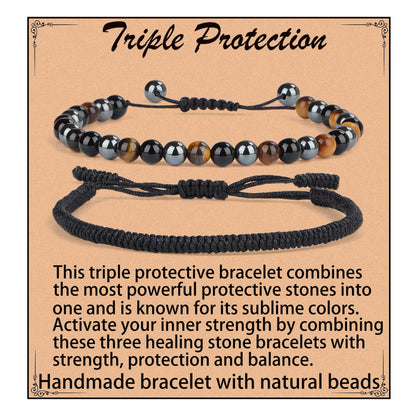 LPBeads 6mm Onyx Tiger's eye Hematite Mixed stone Bracelet with Handmade Rope Bracelet Size Adjustable Natural Stone Crystal Healing Bracelets Gifts for Unisex Adults