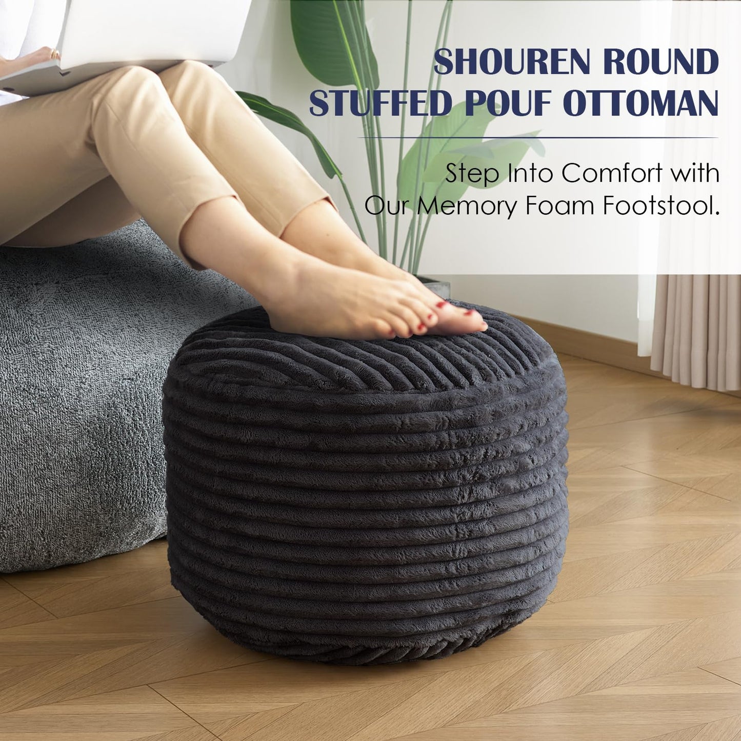 SHOUREN Stuffed Round Pouf Ottoman,Corduroy Foot Rest with Shredded Foam Filling, Lightweight and Fluffy Pouf Storage Ottoman for Living Room,Floor Poufs for Couch,20"x15", Dark Grey