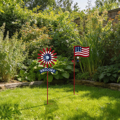 A ANLEOLIFE Decorative Garden Stakes for Outside, Metal Garden Decor Rustic American Flag and Welcome Sign, Yard Stakes Indoor & Outdoor Patio Lawn