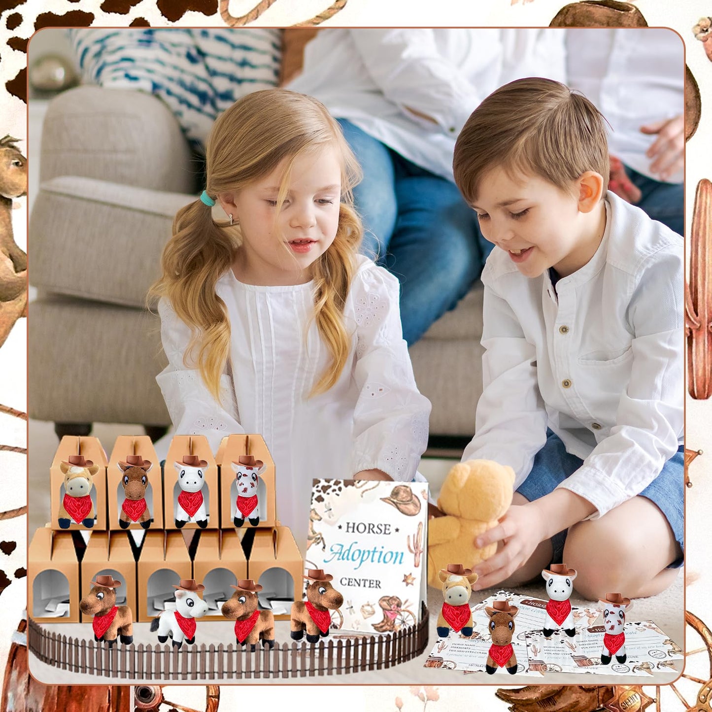 62 Pcs Adopt a Horse Animal Party Favors Include 12 Mini Stuffed Horse 12 Boxes 12 Brown Hat 12 Red Scarf 12 Cards 1 Adopt Sign 1 Fence for Adopt a Grassland Animal Party Favor Pet Birthday Supplies