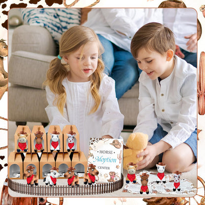 62 Pcs Adopt a Horse Animal Party Favors Include 12 Mini Stuffed Horse 12 Boxes 12 Brown Hat 12 Red Scarf 12 Cards 1 Adopt Sign 1 Fence for Adopt a Grassland Animal Party Favor Pet Birthday Supplies