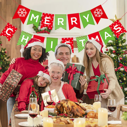 Merry Christmas Banner - Premium Heavyweight Paper Holiday Sign with String & Threading Needle for Indoor Fireplace, Wall, Windows | Traditional Festive Decor (Merry & Bright) (double-sided)