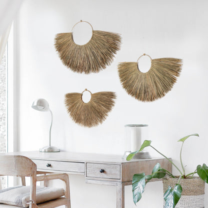 PEMAR Rustic Boho Wall Hanging Decor: Set of 3 Woven Seagrass Fans - Perfect for Living Room, Bedroom & Headboard Art (XL: 35.4" D, L: 27.6" D, M: 19.7" D)