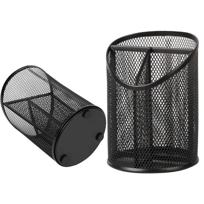 Delifox 2 Pack Pen Holder Mesh Round Pencil Holder Desktop Organizer 3 Compartments, Black