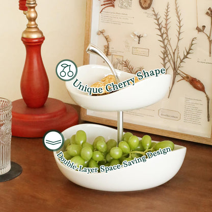 SEVEN SPARTA Double Layer Cherry-Shaped Ceramic Fruit Bowl, 2-Tier Countertop Fruit Basket for Kitchen, Modern Decorative Serving Platter for Fruits, Snacks, Candies (White)