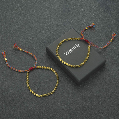 Wremily 2 Pcs Tibetan Copper Bead Adjustable Braided Cotton Bracelet Set Handmade Lucky Rope Bracelet Gift for Women Men