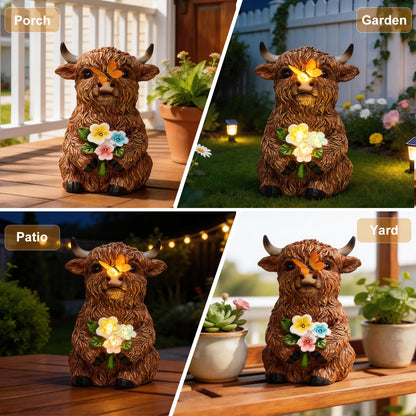 LXOUMEI Solar Highland Cow Outdoor Statue, Garden Sculpture with Lighted Butterfly & Flowers Decor, Highland Cow Figurine for Patio Yard Lawn Ornaments for Birthday