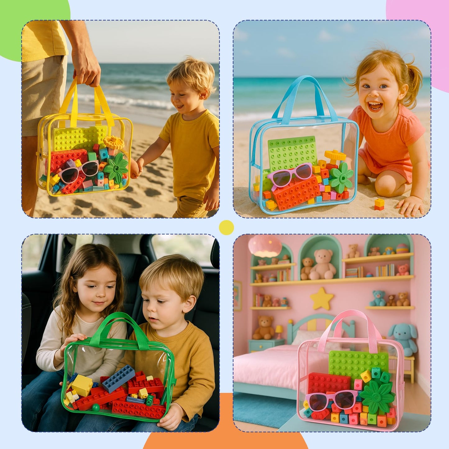 Jiejieko 4 Pcs Toy Storage Bags, Clear PVC Toy Organizer with Zipper, Waterproof Travel Bags with Labels for Building Blocks, Puzzle, Kids Books (multicolor2)