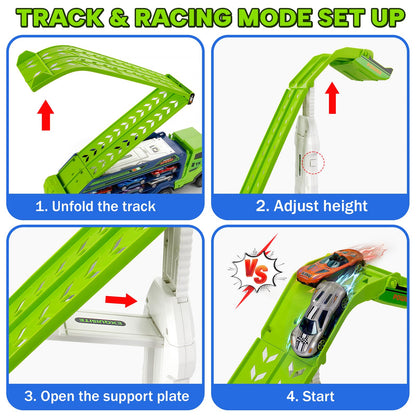 Kids Toys for 3 4 5 6 7 8 Years Old Boys, Carrier Truck Transport Car Toys, Foldable 2 Layer Car Race Track Playset with 25-in Race Track, 6 Metal Toy Cars, Birthday Toy Gift for Toddler Boys Girls