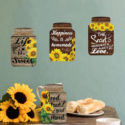 4 Pieces Kitchen Wall Decor Mason Jar Set, Wooden Kitchen Dining Room Signs Country Wall Art Farmhouse Tiered Tray Decor 7.1 * 4.7Inch (Sunflower)