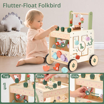 KizKnows Wooden Baby Push Walker 6-in-1 Dinosaur Activity Center for Toddlers Montessori Toys with Wheels Adjustable Speed with Brake & Shape Sorter Gifts for Boys Girls 12M+
