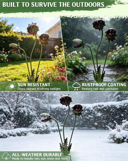 AIZHIYI Whimsical Metal Carnivorous Plant Garden Stake, 25 Inch Venus Flytrap Yard Art Sculpture, Decorative Outdoor Lawn Ornament for Patio Flower Bed Unique Quirky Garden Gift