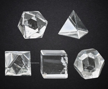 Amazing Gemstone Clear Quartz Platonic Solids Crystals - Set of 5 Sacred Geometry and Healing Stones Solidos Platonicos Sacred Geometry Kit for Energy Chakra Balancing, Reiki, Meditation