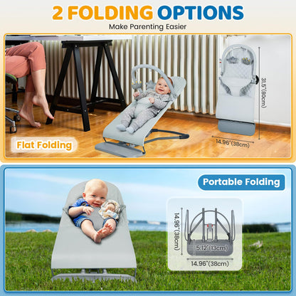 Orzbow Portable Baby Bouncer, Foldable Baby Bouncer Seat with Removable Play Bar, 3 Recline Positions, Infant, 0-12 Months Up to 20 lbs, Ergonomic Design, Easy to Assembly, Grey