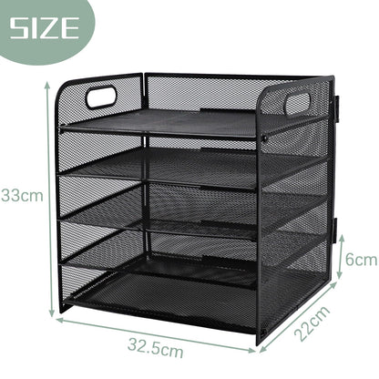 IOUGDSEC Paper Letter Tray with Handle, 5 Tier Metal Mesh Desk File Organizer, A4 Paper Desktop Filing Trays, Desk Tidy Magazine Document Holder for Home Office, Black