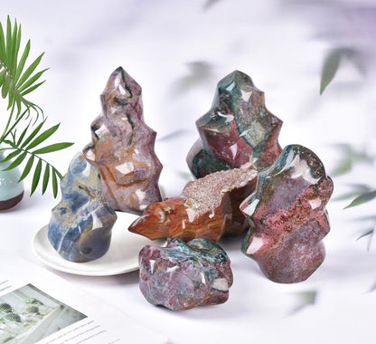 AMOYSTONE Ocean Jasper Flame Shaped Stone Towers Obelisk Natural Healing Crystal Quartz Reiki Energy Decoration Home Office Decor 1.5-2.2LBS