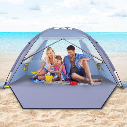 Happy Travel Beach Tent Sun Shelter for 3/4/5/6/7/8 Person, Portable UPF 50+ UV Protection Beach Shade Canopy for Family & Baby, Lightweight & Easy Setup Beach Cabana with 3 Ventilation Mesh Windows