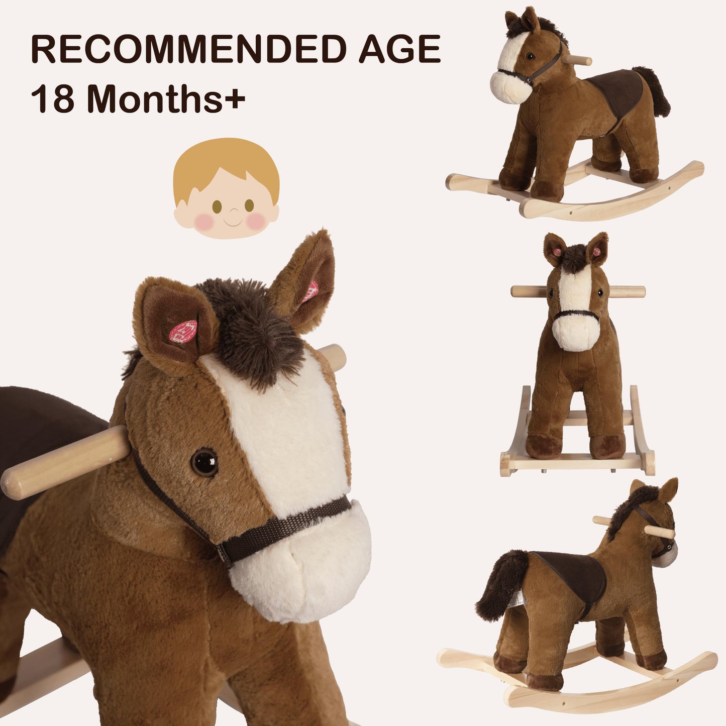 Rock My Baby Rocking Horse, Dark Brown Horse Rocker for Toddlers 18M+, Plush Ride on Horse Toy with Realistic Sound,Soft Stuffed Filling, CPC Certified