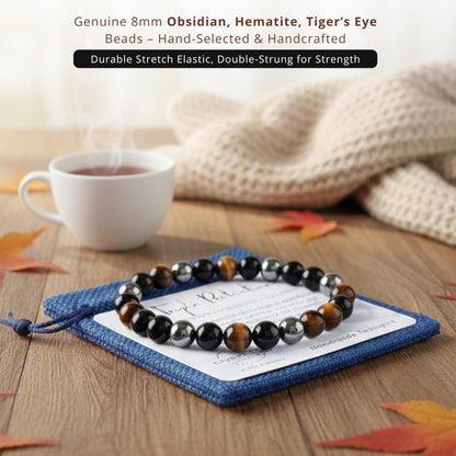 Cherry Tree Collection Triple Protection Bracelet – Handmade Healing Crystal Bracelet with Tiger’s Eye, Black Obsidian & Hematite – 8mm Natural Gemstone Beaded Bracelet for Men & Women – (Small)