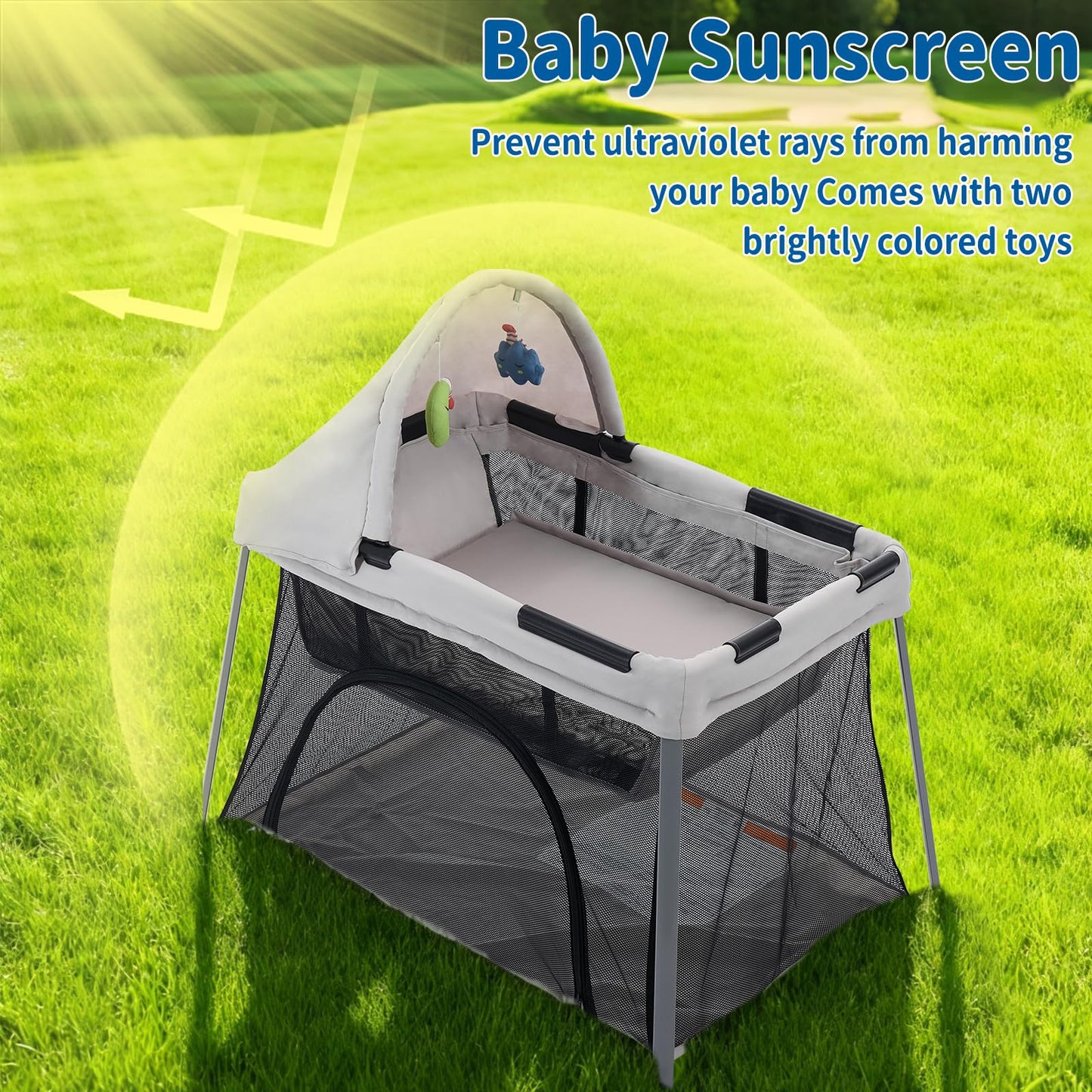 Portable Travel Crib for Baby & Toddler, Gentle Monster Lightweight 2 in 1 Baby Travel Pack and Play Bassinet with Mattress and Sunshade, Foldable Travel Crib Mini Playpen Playard for Indoor Outdoor