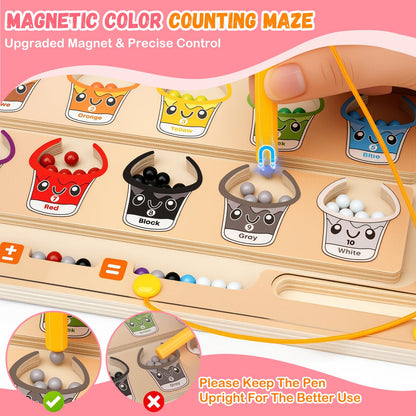 2 IN 1 Magnetic Color and Number Maze, Montessori Toys with Drawing Board for 3 4 5 Year Old, Wooden Magnet Balls Puzzles, Learning Educational Toys for Kids Toddlers Boys Girls Christmas Birthday