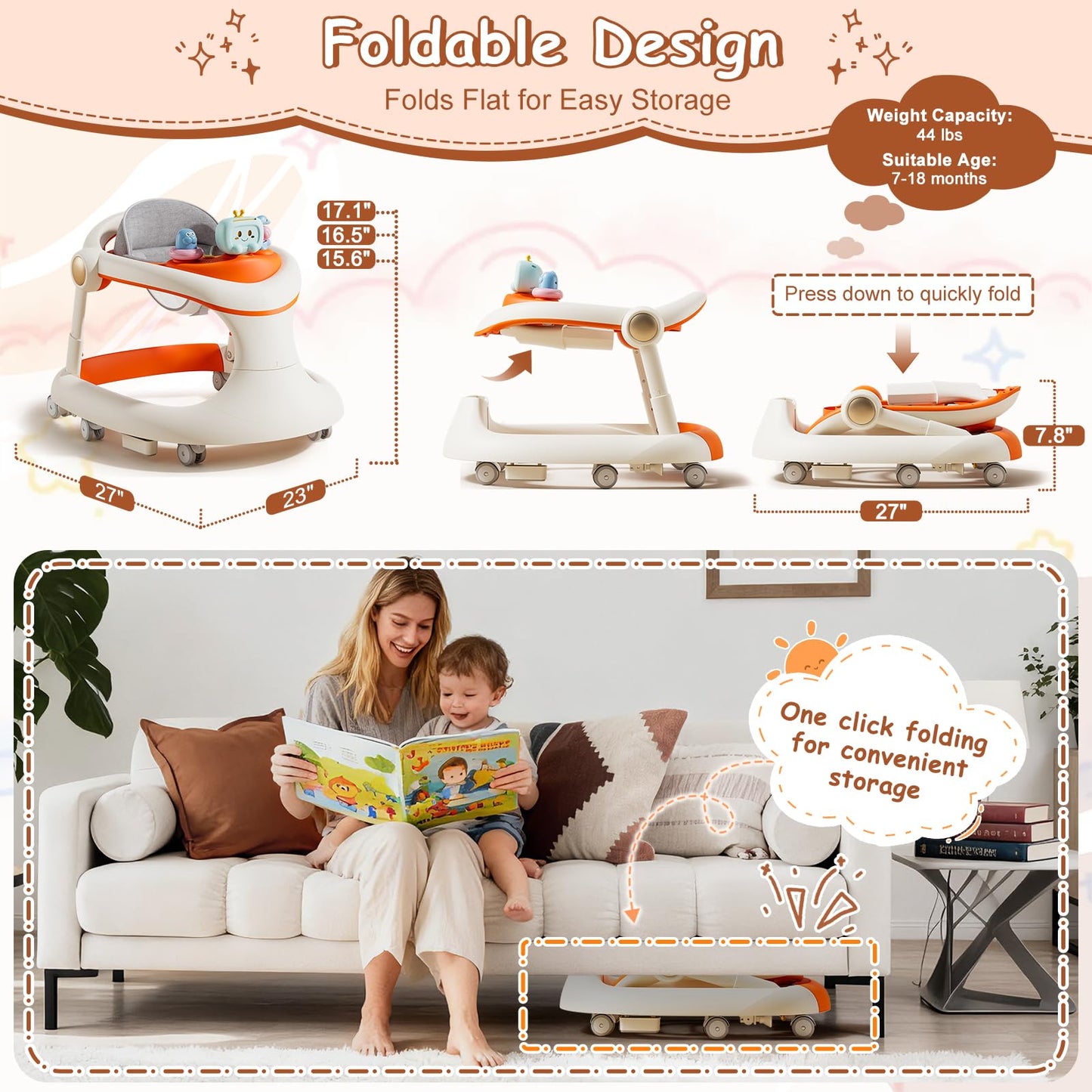 Baby Walker with Wheels, 5-in-1 Foldable Baby Walker for Boys and Girls 7-18 Months with Adjustable Height Detachable Seat and Music Tray Baby Activity Walker, Anti-Fall Activity Center for Boys Girls