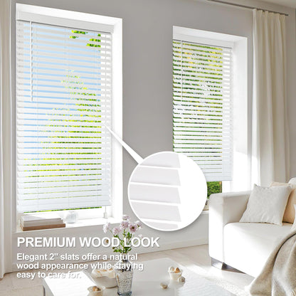 Faux Wood Blinds for Indoor Windows, 35" Width x 60" Height Cordless Window Blinds with Valance for Home, No-Hole Privacy Slats,2" White Blinds for Kitchen, Bathroom & Living Room