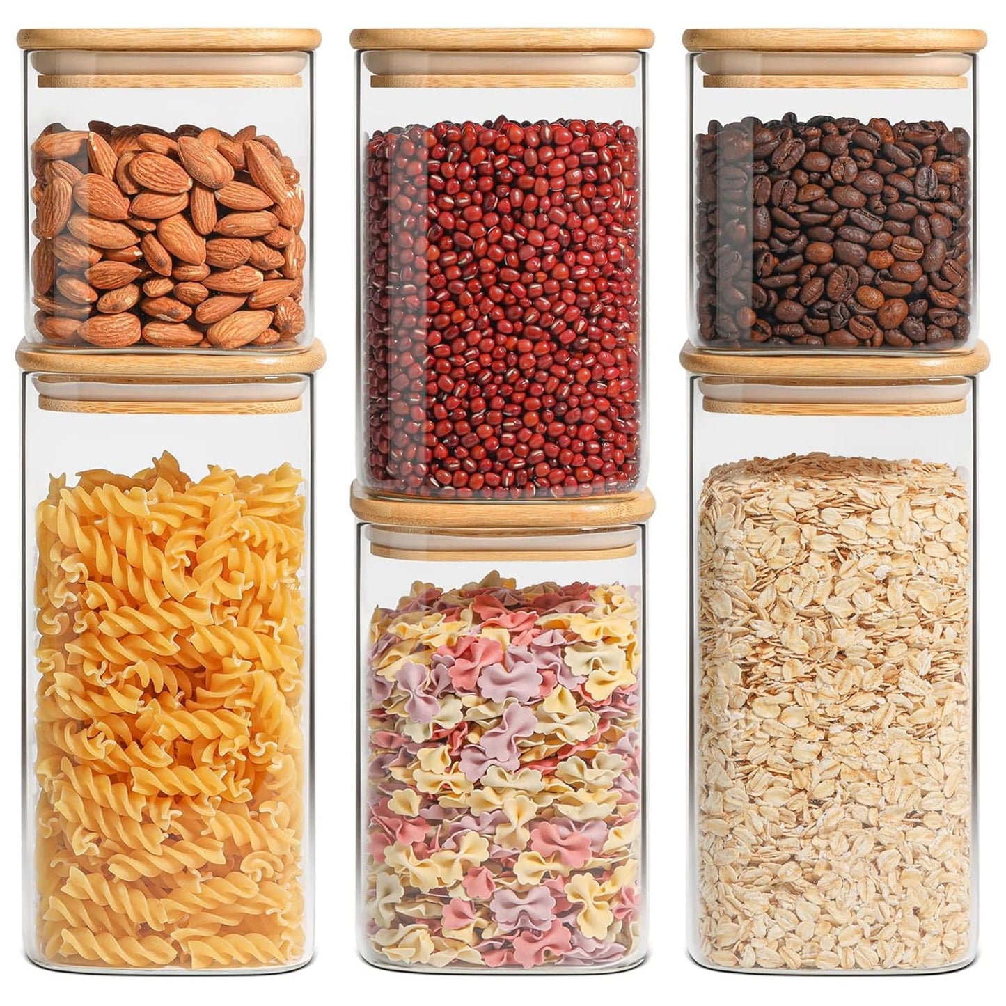 ComSaf Airtight Glass Storage Canister with Lids (0.7Qt/1.2Qt/1.6Qt) Set of 6, Food Storage Container Kitchen Pantry Storage Jar, Glass Jars for Flour Cereal Sugar Tea Coffee Beans Snacks, Square