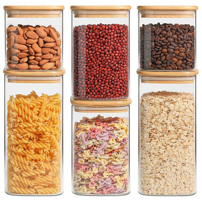 ComSaf Airtight Glass Storage Canister with Lids (0.7Qt/1.2Qt/1.6Qt) Set of 6, Food Storage Container Kitchen Pantry Storage Jar, Glass Jars for Flour Cereal Sugar Tea Coffee Beans Snacks, Square