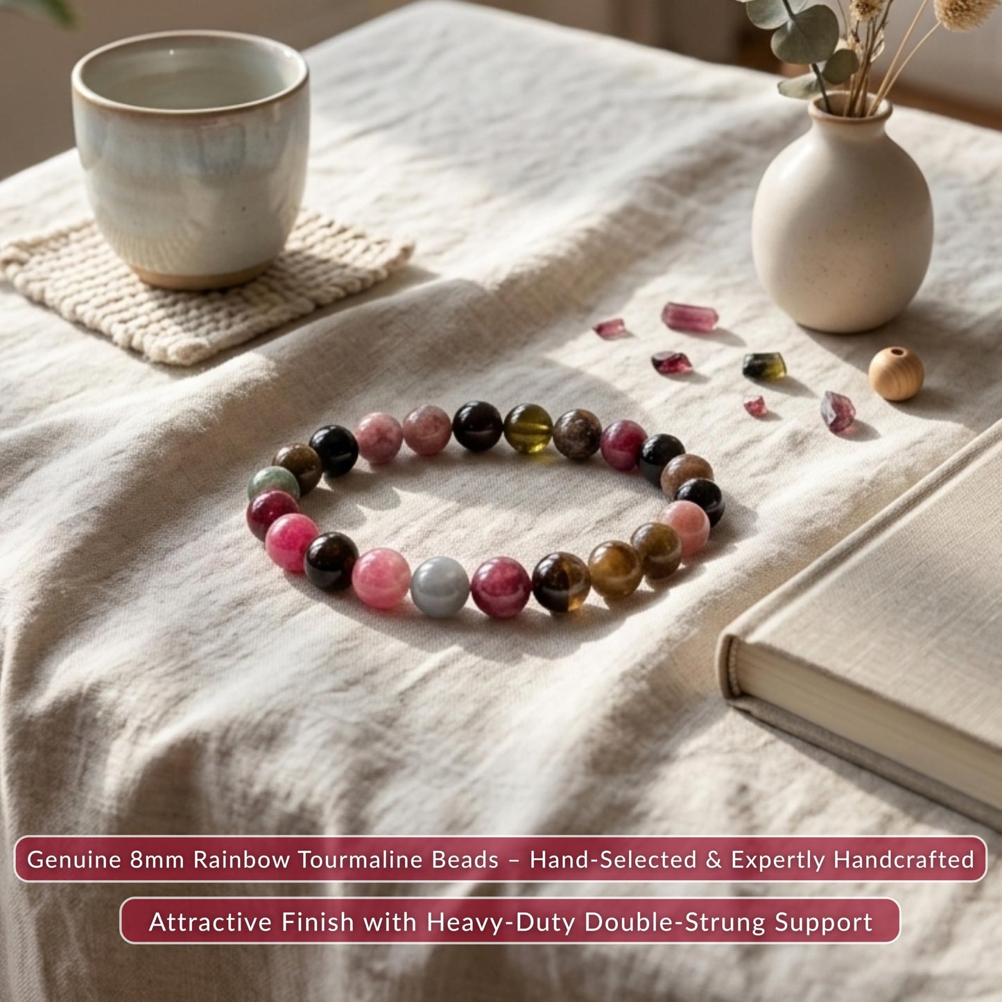 Cherry Tree Collection Rainbow Tourmaline Beaded Bracelet – Genuine 8mm Gemstone Stretch Bracelet for Men & Women – Handmade Crystal Bracelet - (Rainbow Tourmaline - M)