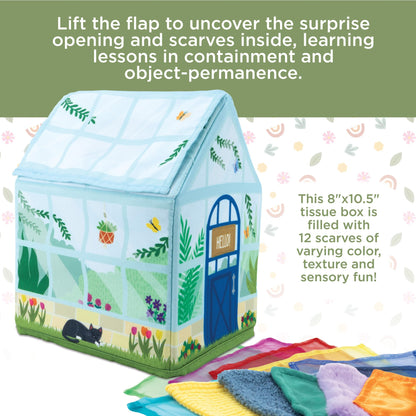 MindWare Sensory Sprouts Tissue Scarf - Montessori Toys for Babies 6-12 Months - Soft Greenhouse-Shaped Tissue Box and 12 Sensory Scarves Featuring Different Textures