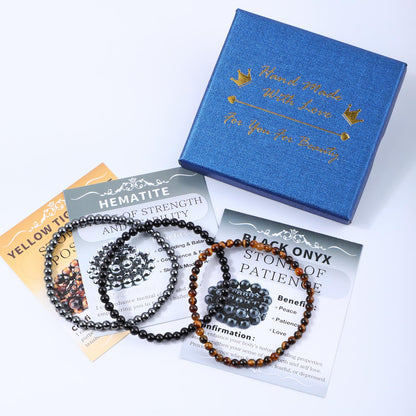 NCB 3-Piece 4mm Natural Crystal Gemstone Stretch Bracelets – ﻿Black Onyx, Hematite, Yellow Tiger's Eye Handmade Reiki Energy Healing Jewelry for Meditation,Yoga, Unisex