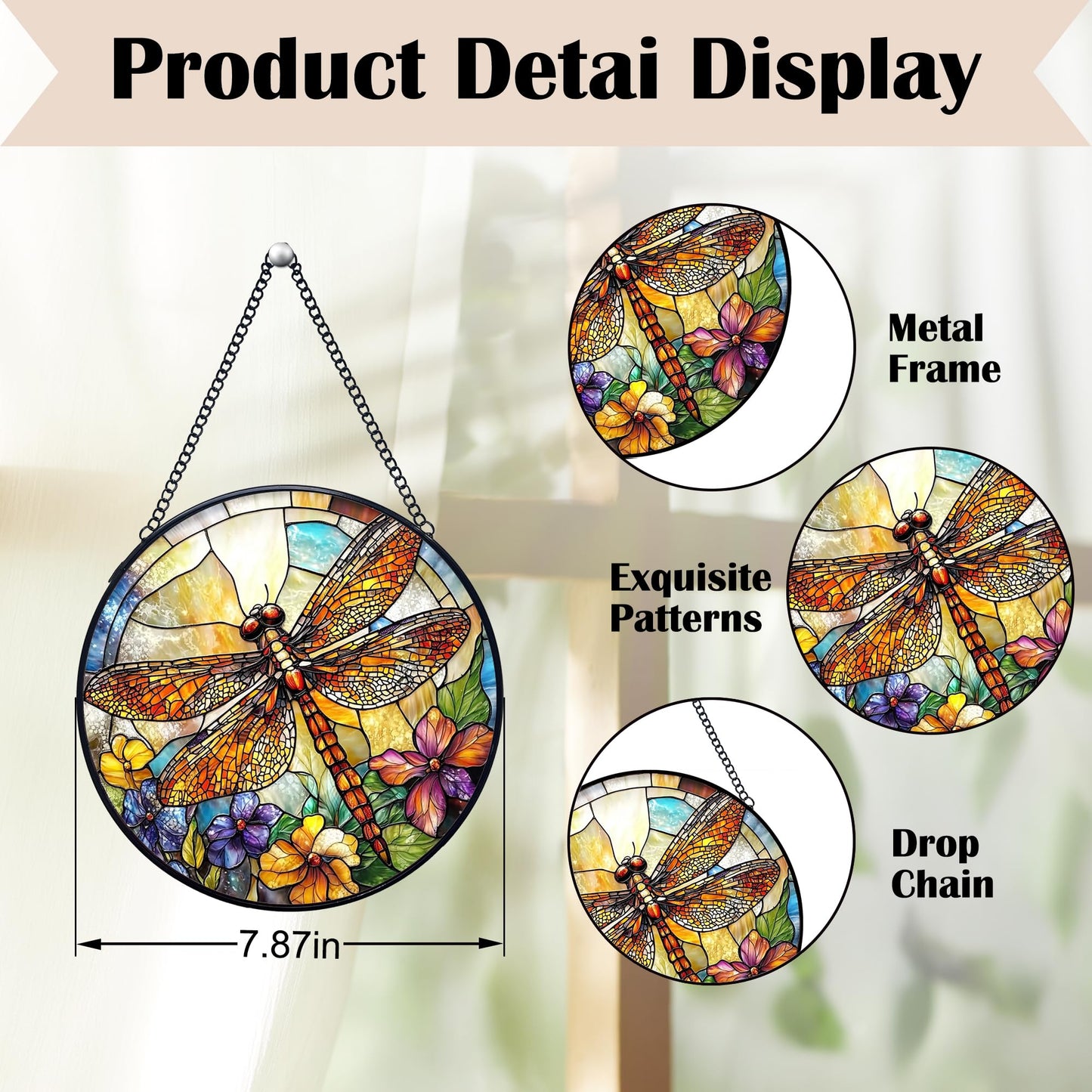Yjeslw Dragonfly Flower Stained Glass Window Hanging Suncatchers, Dragonfly Sun Catchers Indoor Window Glass Wall Art Decor, Nature Insect Floral Wall Hanging Decorations Sculptures, 7.9x7.9in