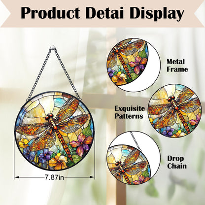 Yjeslw Dragonfly Flower Stained Glass Window Hanging Suncatchers, Dragonfly Sun Catchers Indoor Window Glass Wall Art Decor, Nature Insect Floral Wall Hanging Decorations Sculptures, 7.9x7.9in