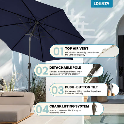LOUNZY 9FT Large Outdoor Patio Umbrella Table Umbrella-UV Resistant,Easy Push Button Tilt and Crank,8 Sturdy Fiberglass Ribs Pool Umbrella for Patio,Backyard,Deck,Yard,Market,Navy