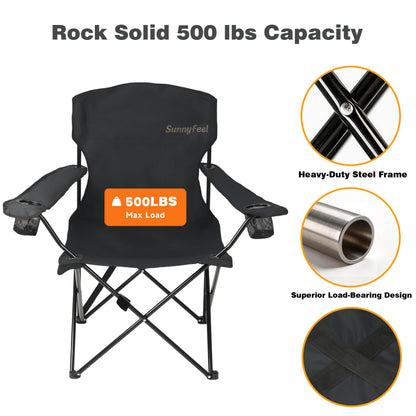 SUNNYFEEL Portable Camping Chair with Side Pockets & Cup Holder 500LBS Capacity Padded Portable Outdoor Chair, Carry Bag Included, Great for Camping, Tailgating, Firepits, Patio, & More Black