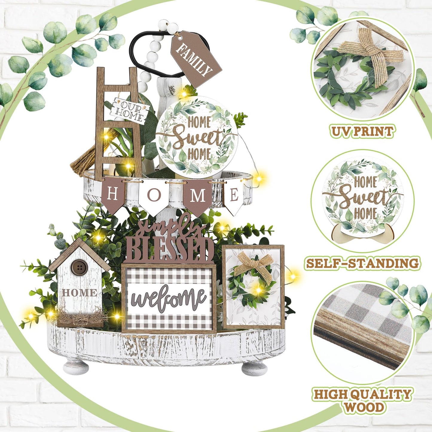 FairySandy Set of 11 Farmhouse Tiered Tray Decor Rustic Home Tiered Tray Decorations Set Wooden Signs Home This is Us Farmhouse Tabletop Wood Signs for Kitchen Table Shelf Decor