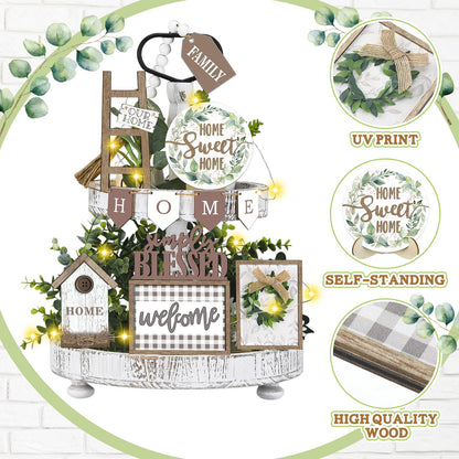 FairySandy Set of 11 Farmhouse Tiered Tray Decor Rustic Home Tiered Tray Decorations Set Wooden Signs Home This is Us Farmhouse Tabletop Wood Signs for Kitchen Table Shelf Decor